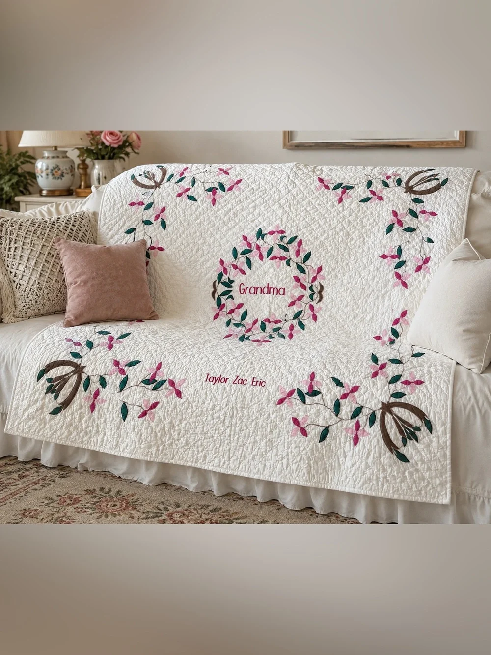 Personalized 'Grandma' White Quilted Throw with Pink & Green Floral Appliqué